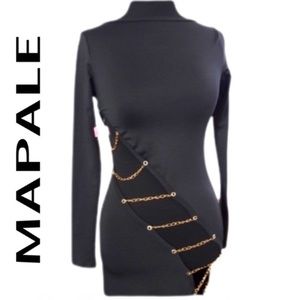 Mapale Black Gown Long Sleeve Bodycon Dress Faux Gold Link Chains Size Small